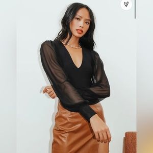 Lulu’s About It Black Mesh Long Sleeve Bodysuit Sheer Back